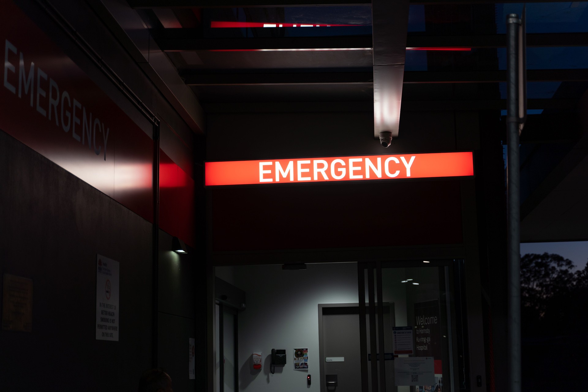 Emergency sign at Hornsby Ku-ring-gai Hospital at the night